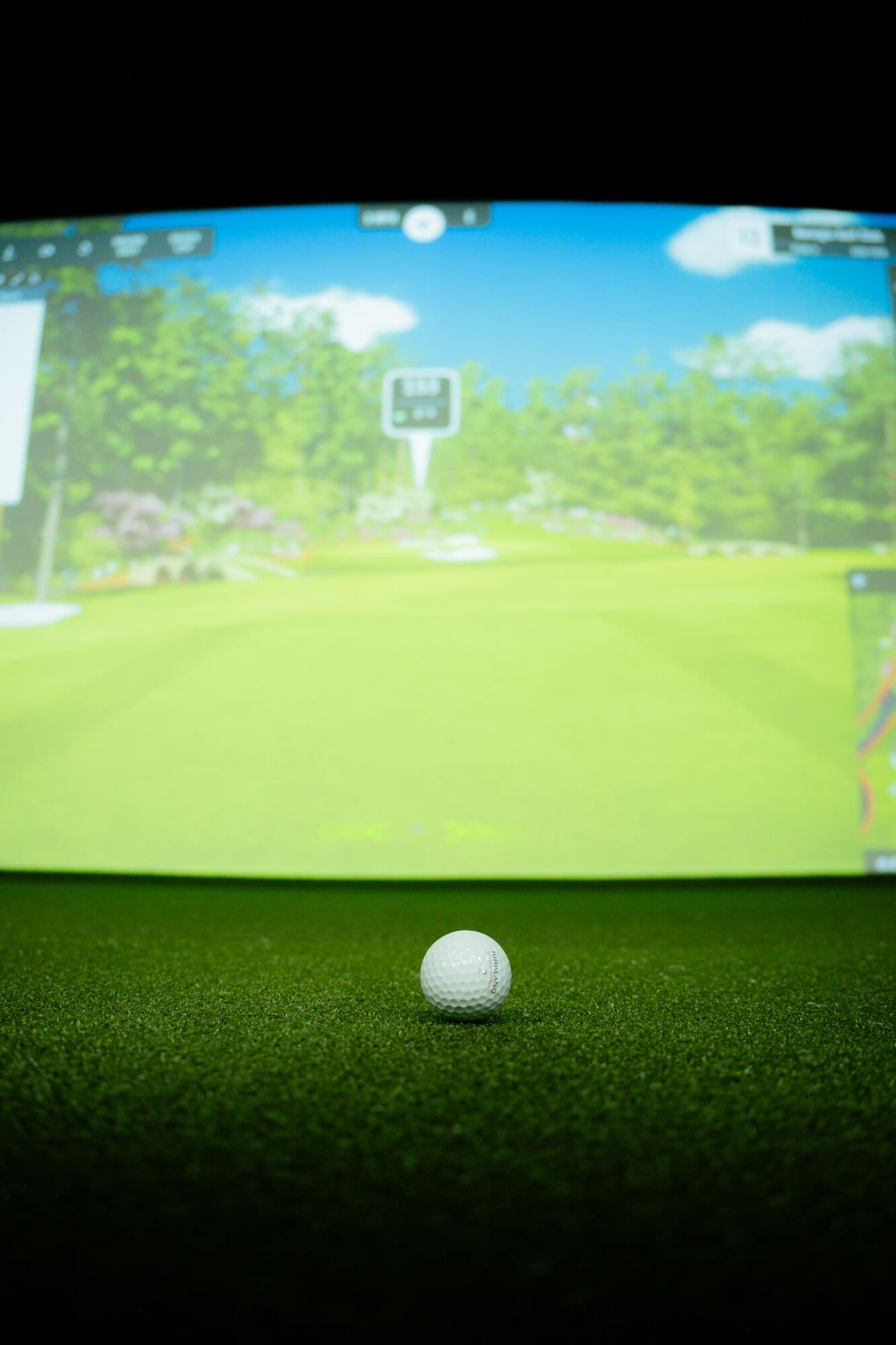A golf ball teed up on hitting turf in front of a simulator screen
